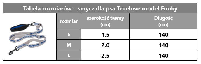tabela rozmiarów smycz Truelove Funky S M L szerokość taśmy